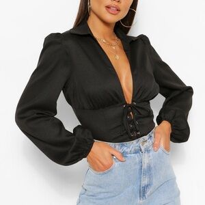 Black Woven Lace Up Women's Corset Top